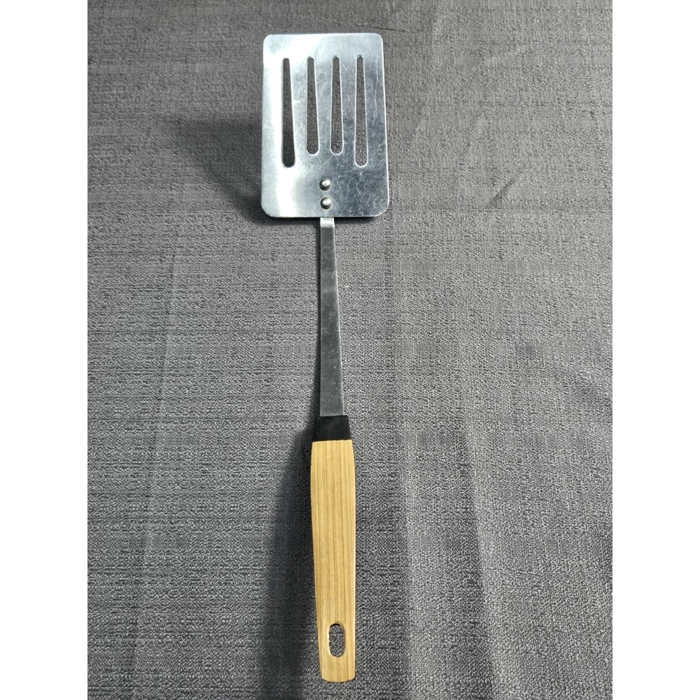 Stainless Steel Slotted Turner Spatula Bamboo Wood Handle Kitchen Tool
